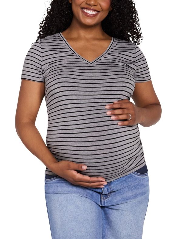 マザーフッドマタニティー レディース トップス Tシャツ Vネック ギャザー MOTHERHOOD MATERNITY VNeck SideRuched Maternity Short Sleeve Tee Stone Stripe ストーン