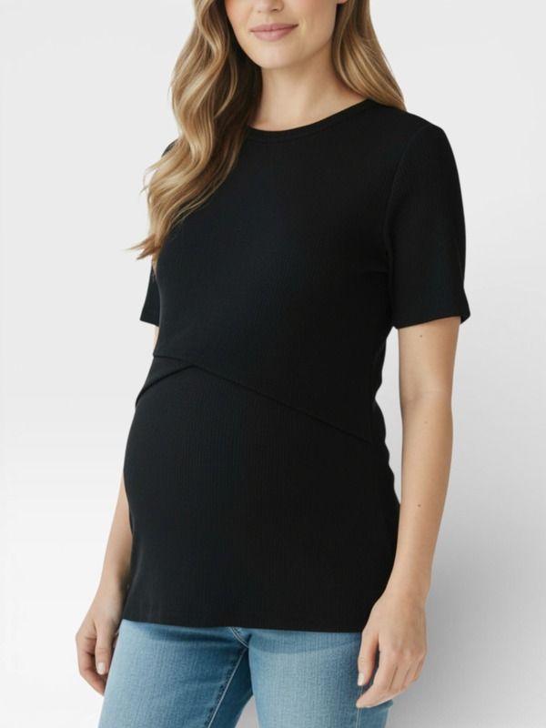 マザーフッドマタニティー レディース トップス シャツ クルーネック MOTHERHOOD MATERNITY Crew Neck Cross Over Nursing Short Sleeve Top Black ブラック