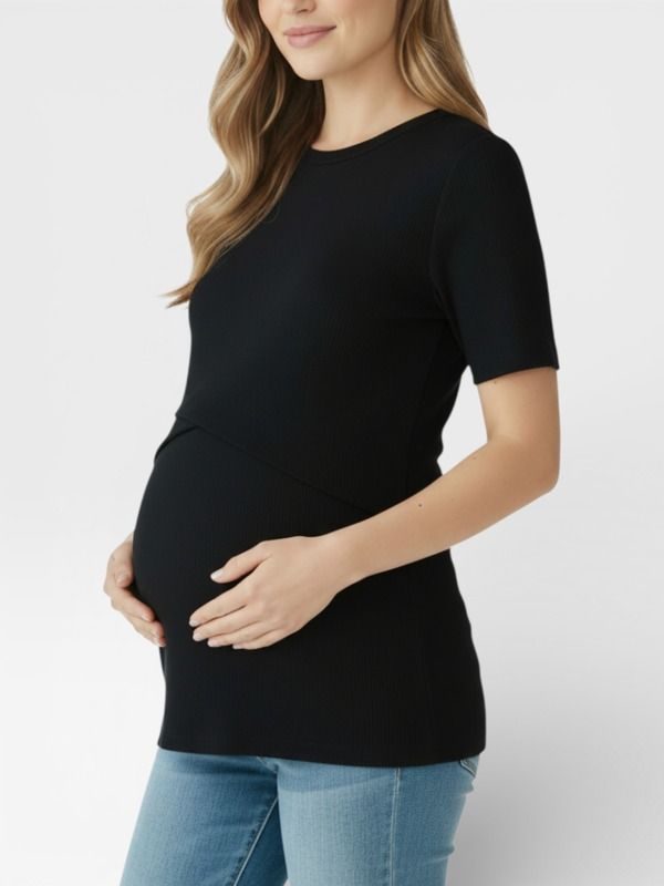マザーフッドマタニティー レディース トップス シャツ クルーネック MOTHERHOOD MATERNITY Crew Neck Cross Over Nursing Short Sleeve Top Black ブラック