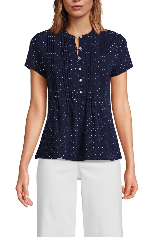 ランズエンド レディース トップス シャツ ジャージー Lands End Short Sleeve Lightweight Jersey Button Pintuck Top Deep Sea Navy Pin Dot ネイビー