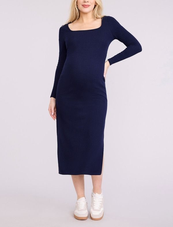 マザーフッドマタニティー レディース トップス ワンピース リブニット マキシ MOTHERHOOD MATERNITY Square Neck Rib Knit Long Sleeve Bodycon Maxi Dress Peacoat