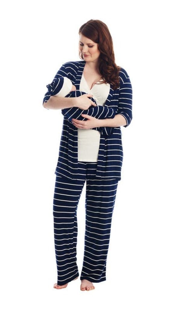 エヴァリーグレー レディース アンダーウェア ナイトウェア マタニティ Everly Grey Analise During After 5Piece MaternityNursing Sleep Set for Mom Baby Navy Stripe ネイ