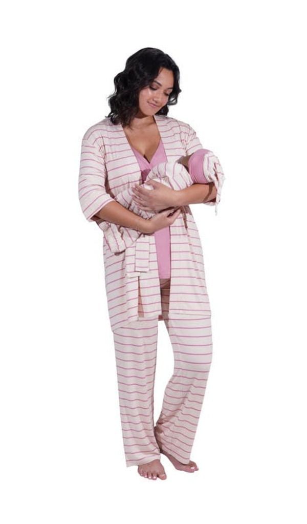 エヴァリーグレー レディース アンダーウェア ナイトウェア マタニティ Everly Grey Analise During After 5Piece MaternityNursing Sleep Set for Mom Baby Pink Stripe ピン