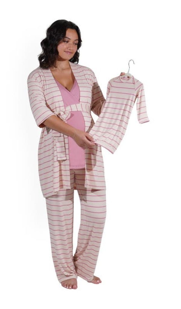 エヴァリーグレー レディース アンダーウェア ナイトウェア マタニティ Everly Grey Analise During After 5Piece MaternityNursing Sleep Set for Mom Baby Pink Stripe ピン