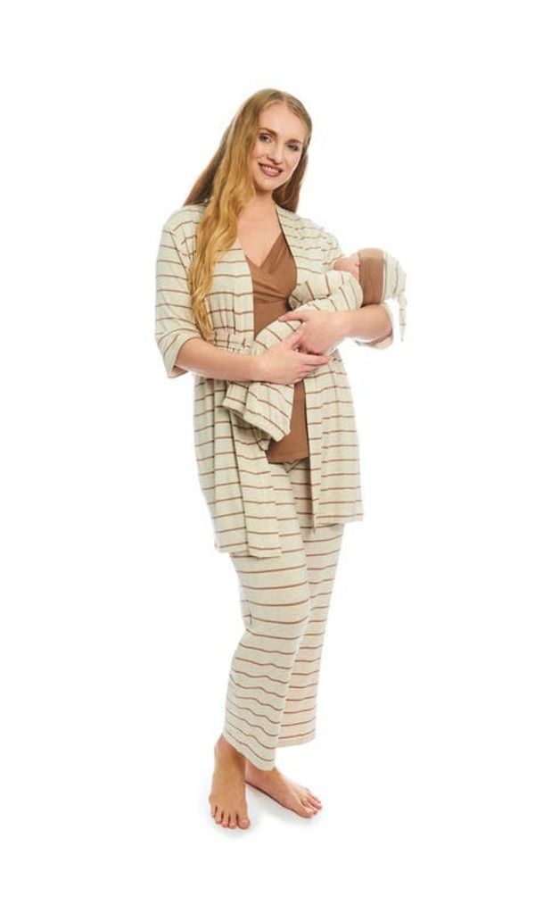エヴァリーグレー レディース アンダーウェア ナイトウェア マタニティ Everly Grey Analise During After 5Piece MaternityNursing Sleep Set for Mom Baby Mocha Stripe モ エヴァリーグレー レディース アンダーウェア ナイトウェア マタニティ Everly Grey Analise During After 5Piece MaternityNursing Sleep Set for Mom Baby Mocha Stripe モ