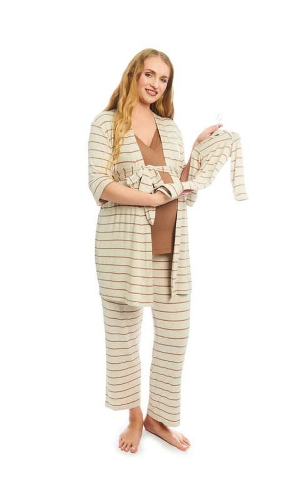 エヴァリーグレー レディース アンダーウェア ナイトウェア マタニティ Everly Grey Analise During After 5Piece MaternityNursing Sleep Set for Mom Baby Mocha Stripe モ