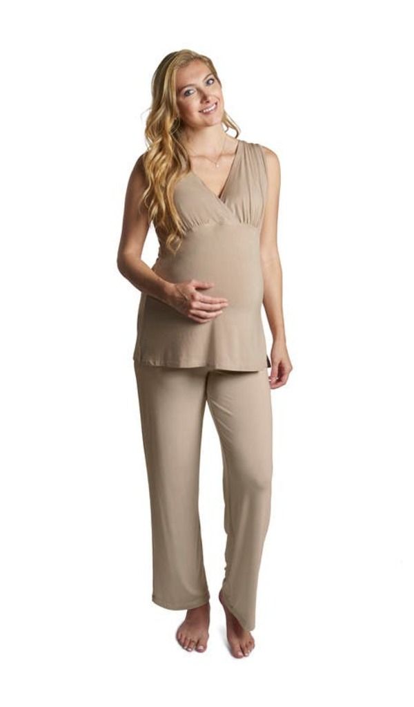 エヴァリーグレー レディース アンダーウェア ナイトウェア マタニティ Everly Grey Analise During After 5Piece MaternityNursing Sleep Set for Mom Baby Latte
