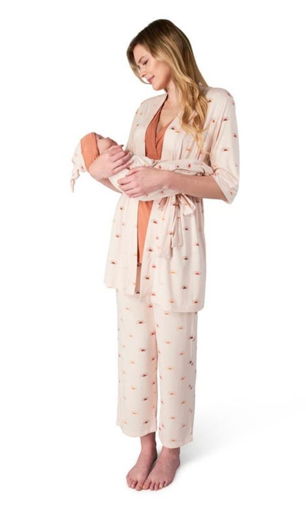 エヴァリーグレー レディース アンダーウェア ナイトウェア マタニティ Everly Grey Analise During After 5Piece MaternityNursing Sleep Set for Mom Baby Sunrise