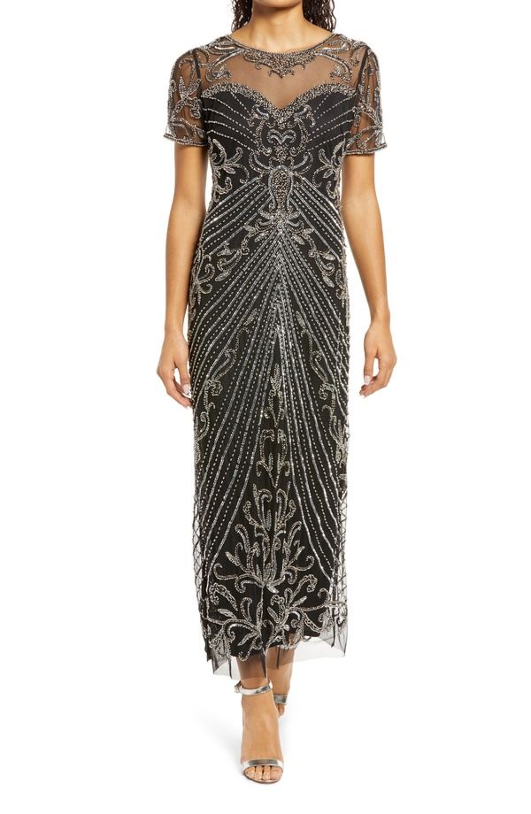 ピサッロナイツ レディース トップス ワンピース メッシュ Pisarro Nights Illusion Beaded Mesh Column Gown Black ブラック