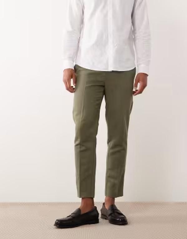 エイソス メンズ ボトムス カジュアルパンツ リネン ASOS DESIGN tailored linen rich tapered pants in olive GREEN グリーン