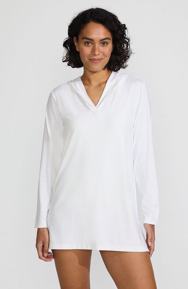 ランズエンド レディース トップス ワンピース コットン ジャージー Lands End Cotton Jersey Long Sleeve Hooded Swim Coverup Dress White ホワイト