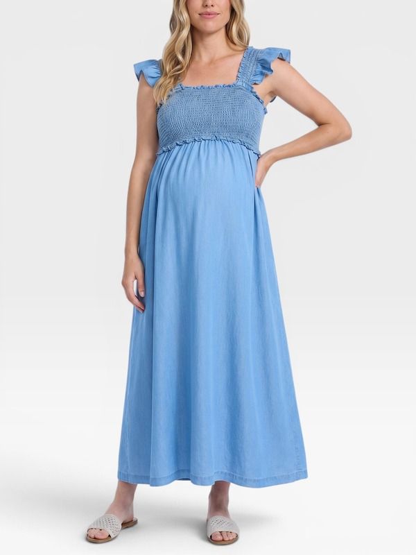 マザーフッドマタニティー レディース トップス ワンピース フリル ノースリーブ シャーリング マキシ MOTHERHOOD MATERNITY Sleeveless Ruffle Shoulder Smocked Maxi Dress Chambray