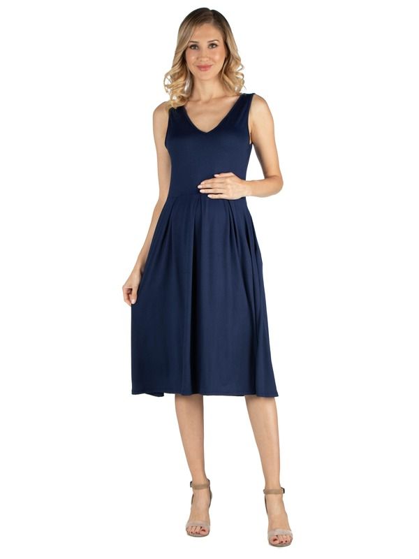 24 セブンコンフォート レディース トップス ワンピース ミディ ノースリーブ マタニティ 24seven Comfort Apparel Maternity Fit and Flare Sleeveless Midi Dress with Pockets