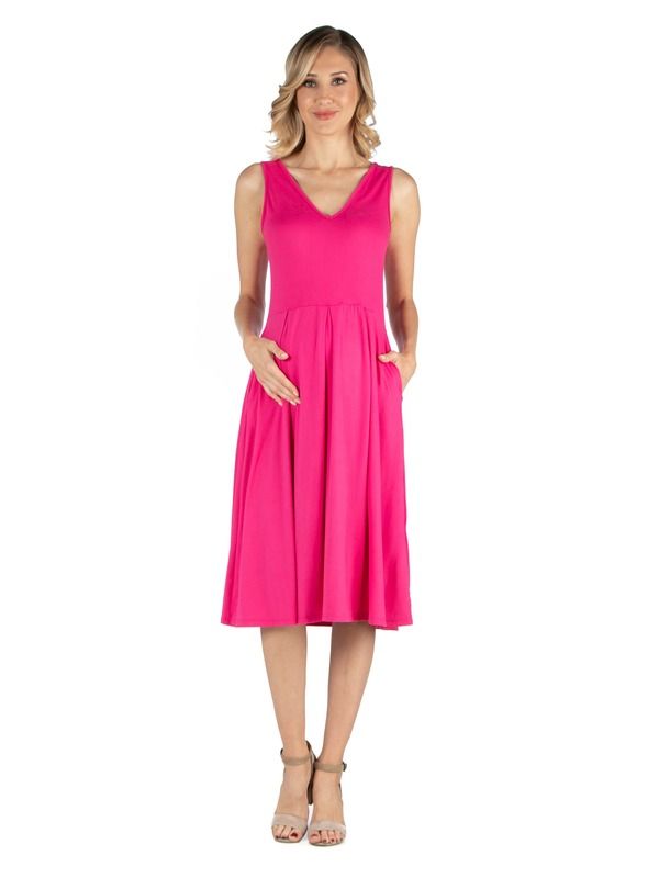 24 セブンコンフォート レディース トップス ワンピース ミディ ノースリーブ マタニティ 24seven Comfort Apparel Maternity Fit and Flare Sleeveless Midi Dress with Pockets