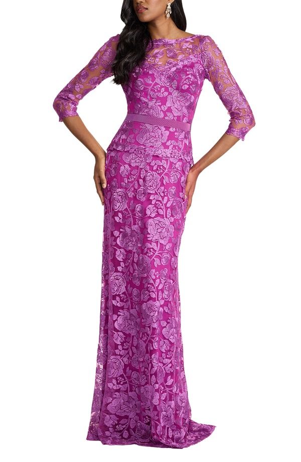 タダシショージ レディース トップス ワンピース Tadashi Shoji Embellished Illusion Gown Magenta マゼンタ