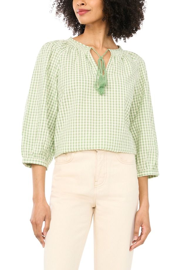 ヴィンスカムート レディース トップス シャツ プリント コットン Vince Camuto Printie Neck Cotton Peasantop Lily Green グリーン