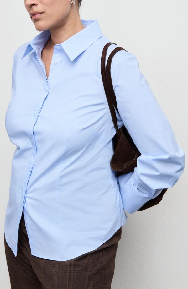 マンゴ レディース トップス シャツ スリムフィット MANGO Slim Fit Stretch Poplin ButtonUp Shirt Sky Blue ブルー