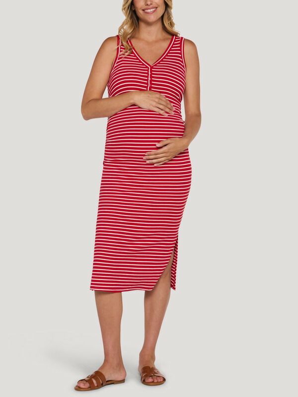 マザーフッドマタニティー レディース トップス ワンピース ミディ ノースリーブ MOTHERHOOD MATERNITY Sleeveless Henley Racerback Maternity Midi Dress Red White Stripe ホワ