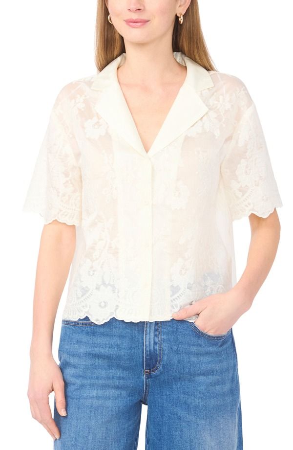 ヴィンスカムート レディース トップス シャツ フラワー柄 シアー フラワー Vince Camuto Sheer Floral Camp Shirt New Ivory アイボリー