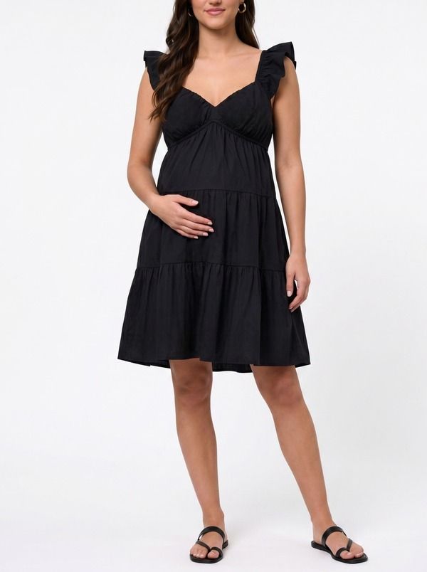 マザーフッドマタニティー レディース トップス ワンピース Vネック ティアード ミニ MOTHERHOOD MATERNITY V Neck Flutter Sleeve Tiered Mini Dress Black ブラック