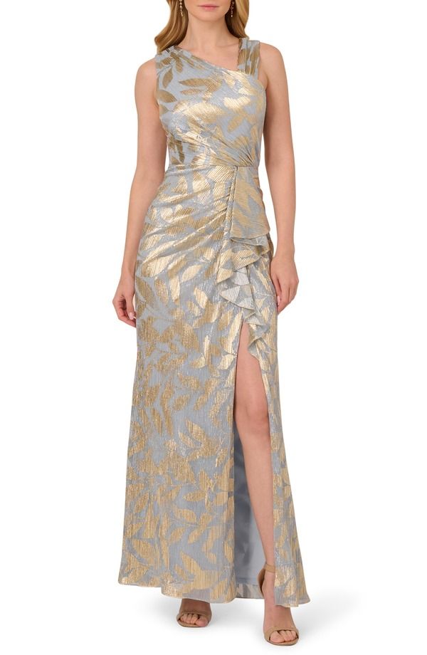 アドリアナ パペル レディース トップス ワンピース アシンメトリー Adrianna Papell Foil Asymmetric Neck Gown Light BlueGold ブルー