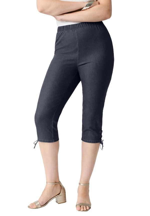 ロアマンズ レディース ボトムス カジュアルパンツ プラスサイズ キャップ レース Roamans Plusize Comfort Stretch Lace Up Capri Jean Indigo Wash インディゴ