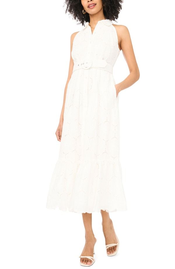 ヴィンスカムート レディース トップス ワンピース シャツ ノースリーブ コットン マキシ Vince Camuto Sleeveless Belted Cotton Broderie Anglaise Maxi Shirtdress Ultra White