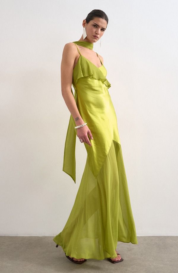 トップショップ レディース トップス ワンピース フリル マキシ Topshop Mixed Media Ruffle Maxi Dress with Scarf Green グリーン