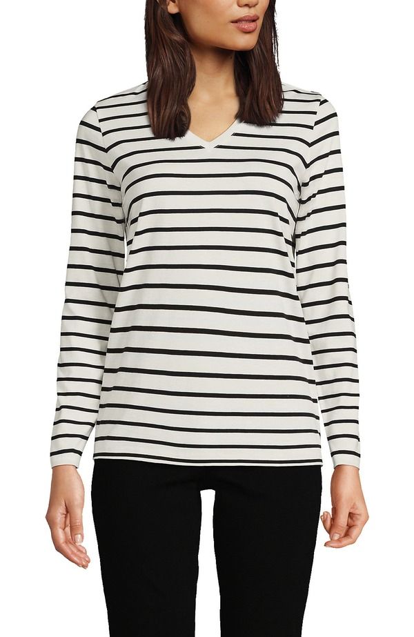 ランズエンド レディース トップス Tシャツ Vネック コットン Lands End Relaxed Supima Cotton Long Sleeve VNeck TShirt IvoryBlack Breton Stripe アイボリー