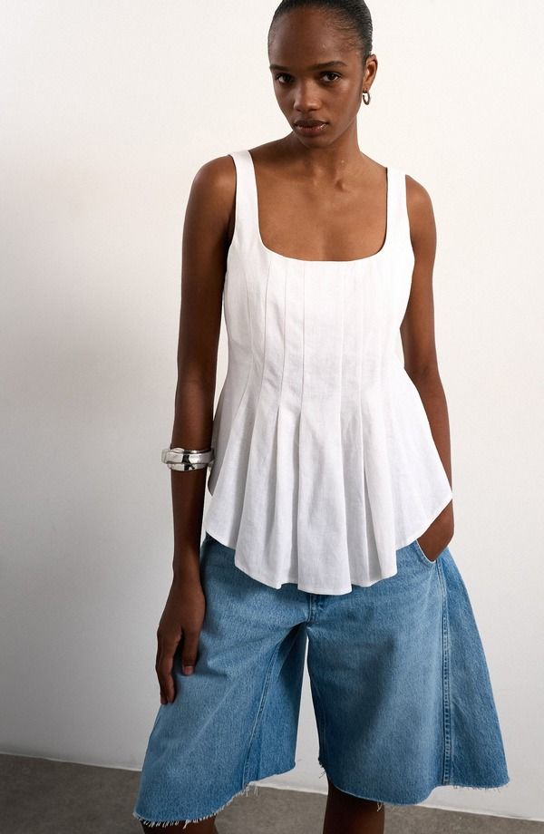 トップショップ レディース トップス シャツ プリーツ リネン Topshopleated Curve Hem Linen Blend Top Ivory アイボリー