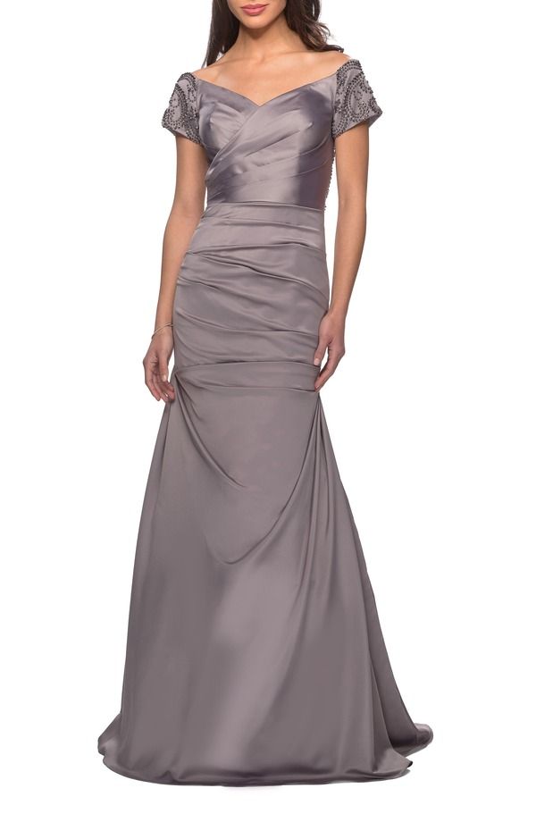 ラフェム レディース トップス ワンピース サテン La Femme Satin Off the Shoulder Dress with Beaded Sleevesilver シルバー