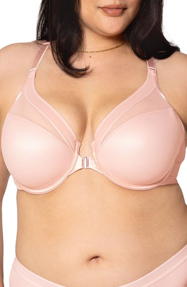 カービークチュール レディース トップス Tシャツ メッシュ シアー Curvy Couture Sheer Mesh Front Clasp TShirt Underwire Bra Blushing Rose