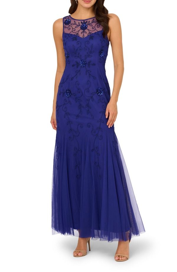 アドリアナ パペル レディース トップス ワンピース フラワー柄 メッシュ レース フラワー Adrianna Papell Placed Beaded Floral Mesh Mermaid Gown Dark Blue Violet ブルー