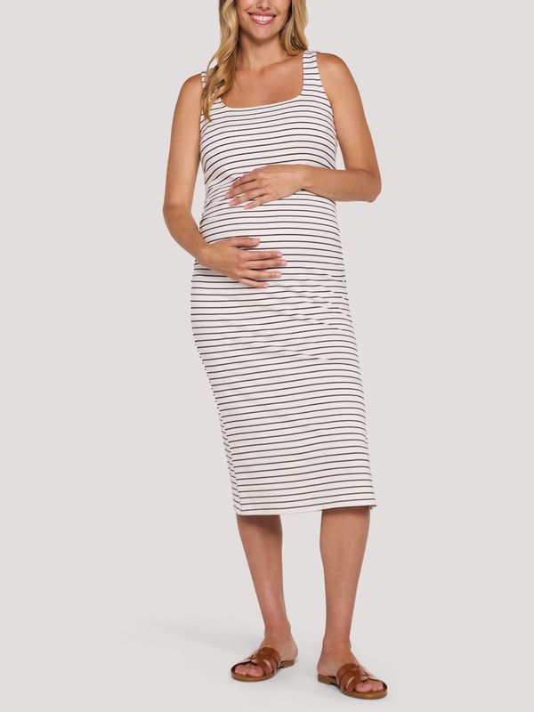 マザーフッドマタニティー レディース トップス ワンピース ギャザー ミディ ノースリーブ MOTHERHOOD MATERNITY Sleevelesside Ruched Midi Dress White Black Stripe ホワイト