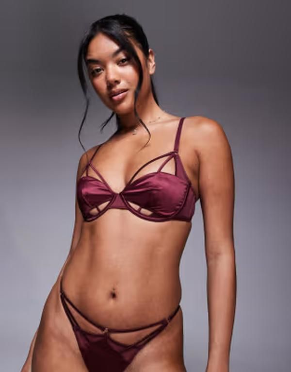 エイソス レディース アンダーウェア ブラジャー メッシュ サテン ASOS DESIGN Ash satin mesh strappy underwire bra Burgundy バーガンディ