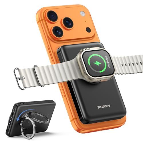 【最強 3in1ワイヤレス充電】RORRY magsafe対応 小型 軽量 (10000mAh 15W 1.8cm薄型) アップルウォッチ 充電器 マグセーフ マグネット式 (スマホリング付き/スタンド・回転可能) For Apple Wat 7d005346