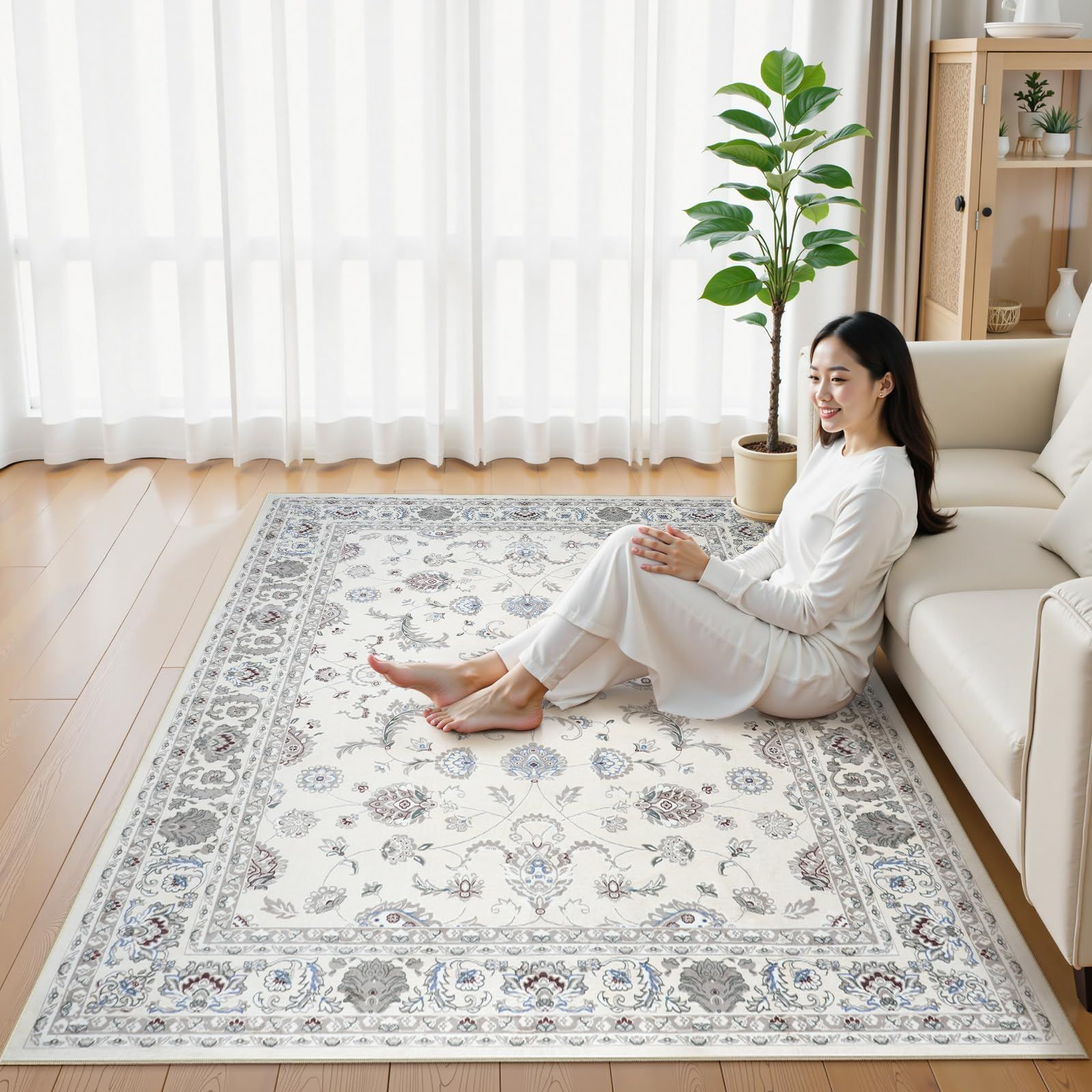 新品 HAOCOO カーペット 200х250cm 3畳 滑り止め ホットカーペット対応 ペルシャ風 ラグ 洗える オールシーズン適用 花柄 防音 耐磨耗性 軽量 抗菌防臭 リビング ダイニング アンティーク ラグマット オフホワイト