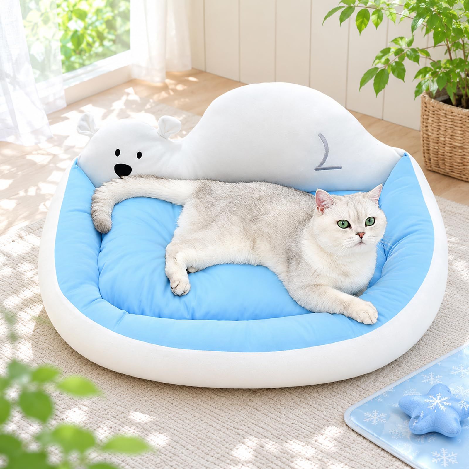 Peto-Raifu ペットベッド クッション 動物デザイン 夏用 接触冷感 ペット用ソファー 犬 猫 ひんやりベッド ペット ふわふわ 洗える 小型犬 中型犬 猫用 快適 暑さ対策 通気性よい クール 速乾 軽量 涼しい ホワイト/ブルー eb090b84