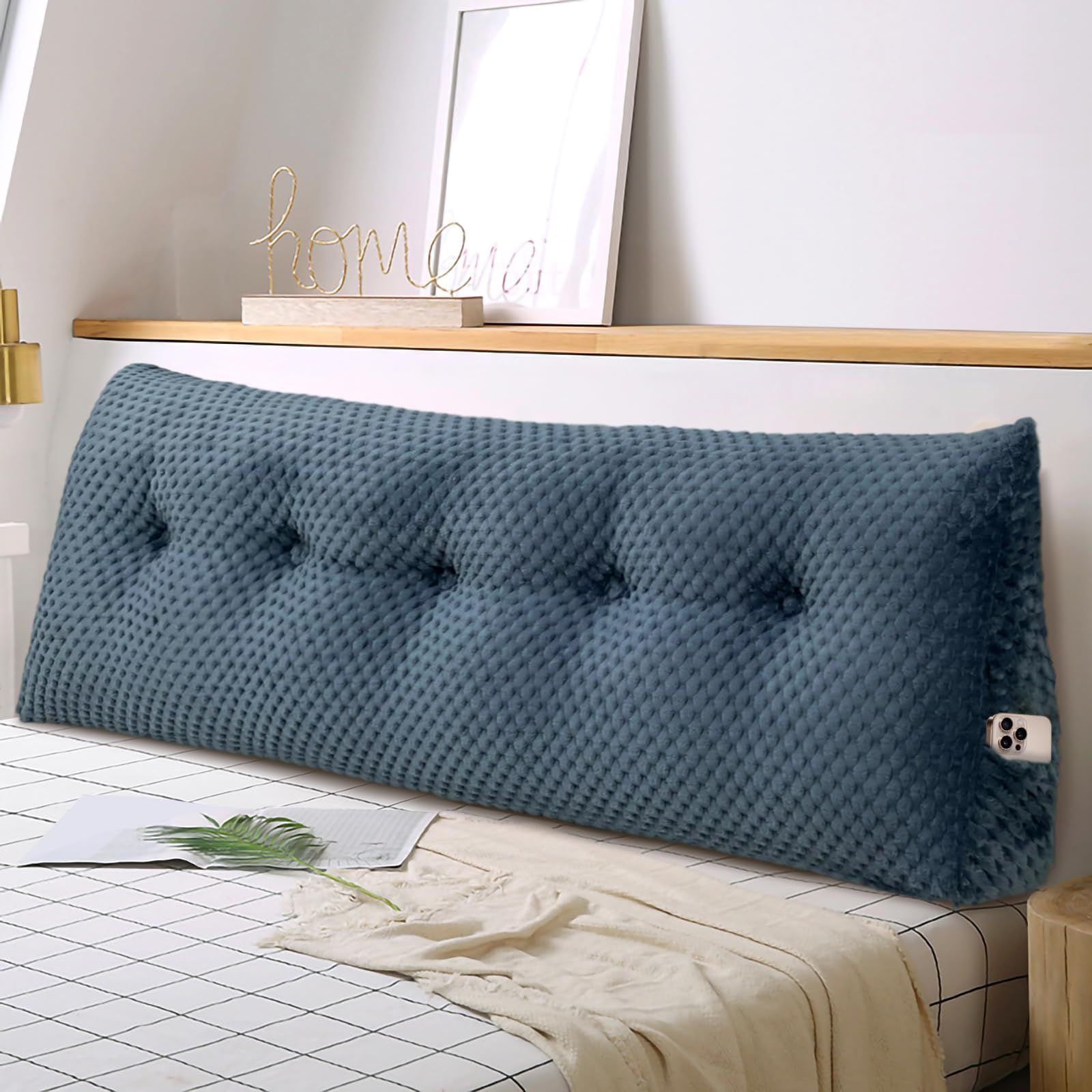 単色 高反発三角枕 大きいクッション，背もたれ位置サポート読書枕， ランバーサポート 三角クッション 就寝用 足上げ 体位変換 枕 テレビ枕 なだらか枕 高級ウール素材，両サイドポケット，取り外し可能なジャケット，カバー洗える(ブルーブラック 4dacfe2d