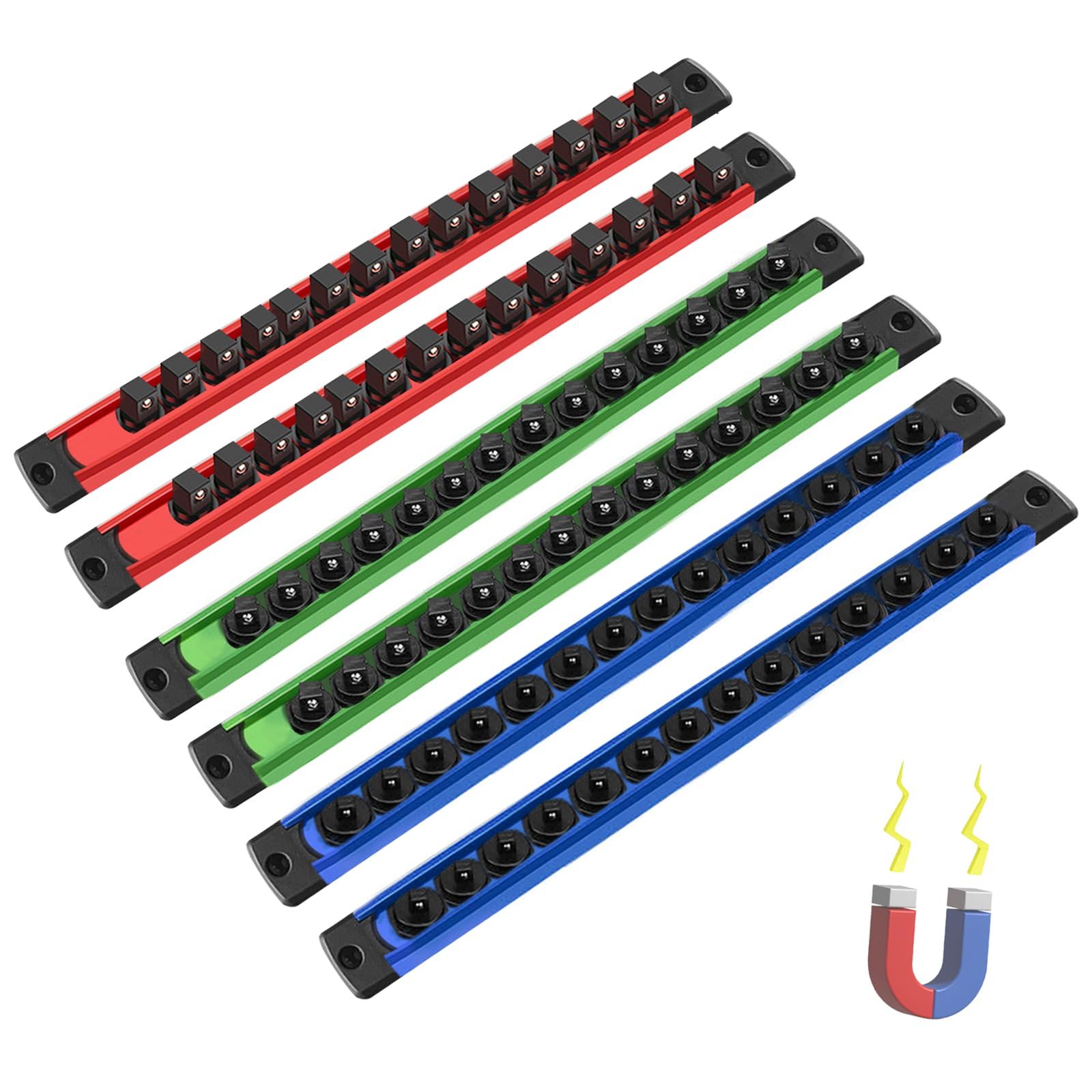 HARUMAKIソケットホルダー ロッキングソケット 6本セット 磁気ソケットオーガナイザー 収納 ソケットオーガナイザー ソケットレール 差込角6.35mm アルミ製 360°回転 ソケット収納用 12個収納 磁性付き 金属表面に吸着 快速 7e6e8def
