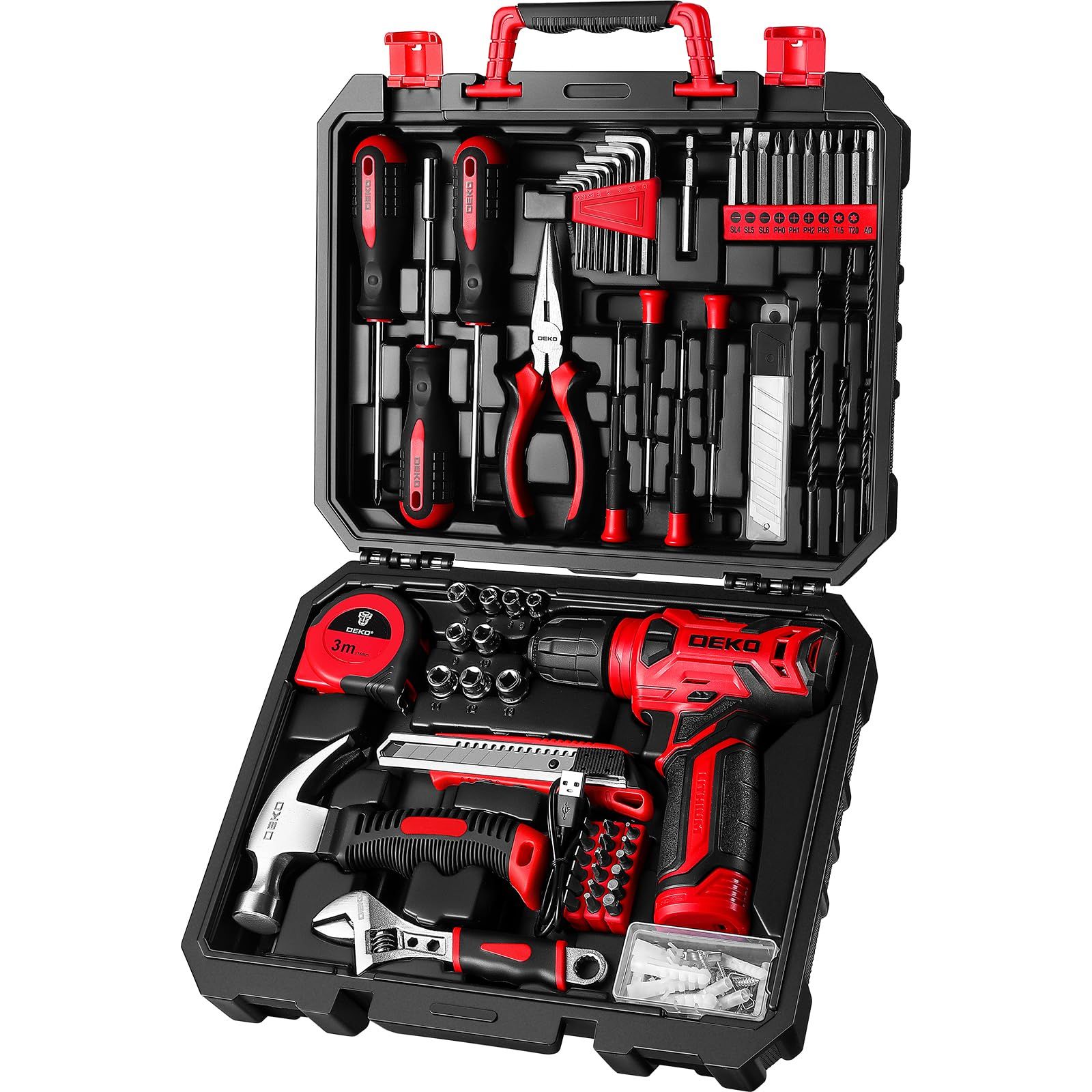 R◆【8V電動ドリル付き】 工具セット 126点組 ピンク ホームツールセット 家庭用 ツールセット 日曜大工 DIYセット 作業工具セット 家具の組み立て 住まいのメンテナンス用 修理道具セット 便利な収納ケース付き (赤) 11495f56