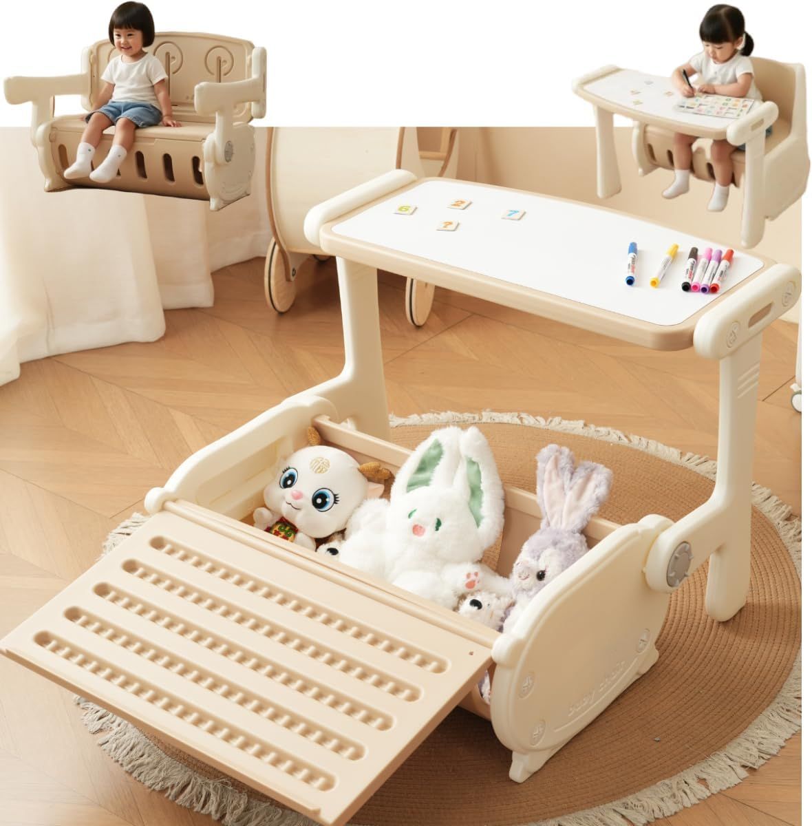 【1台3役】キッズデスク セット 子供用テーブル 椅子 収納 3in1 おもちゃ 収納 大容量 一体型 変形ソファ 1~6歳 お絵描きボード ホワイトボード搭載 HDPE素材 頑丈 耐荷重50kg 角丸加工 工具不要 簡単切り替え 幼児 学習机 プレイスペｍａ