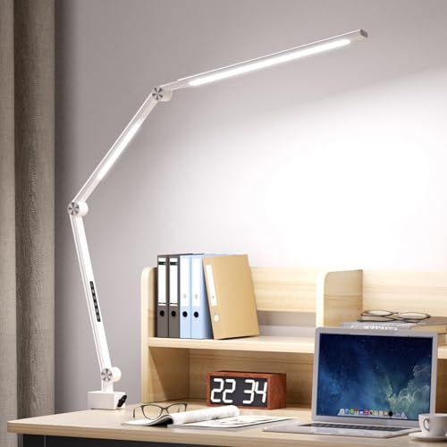 デスクライト LED スタンドライト 22 W・ダブル光源・2400 lx・無段階調光調色・60 秒遅延自動消灯・ポモドーロモード・高演色性Ra95 クランプ付き 強化アルミ合金 折り畳み 多角度調節 卓上ライト 目に優しい （ホワイト／リモ 0afba53e