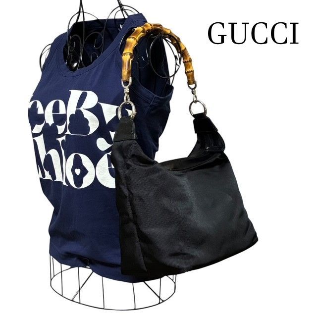 グッチ　GUCCI BAMBOO　バンブーライン　ブラックナイロンキャンバスレザー　ワンショルダーバッグ　000*1956*0531 バンブーハンドル　肩掛けバッグ