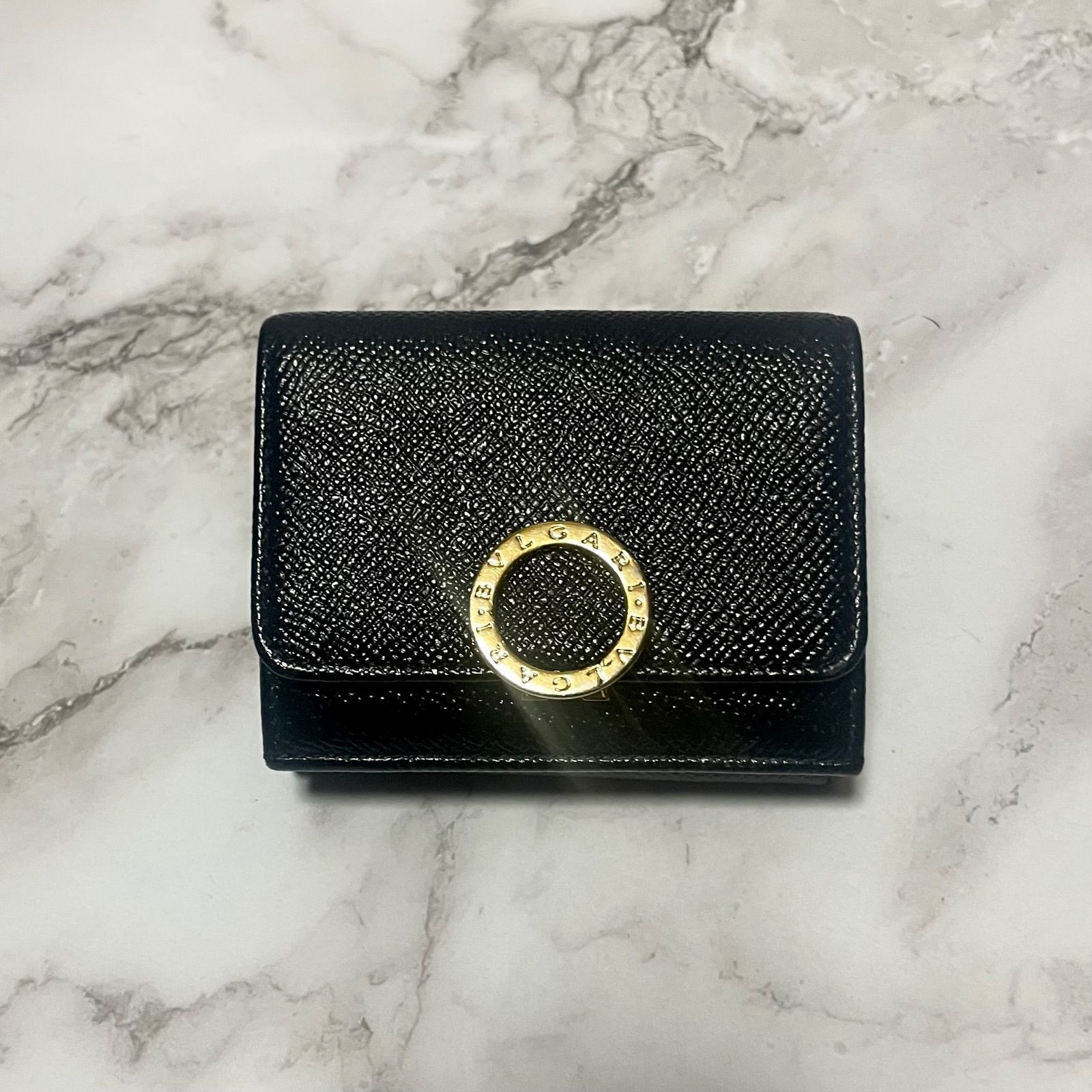 18 BVLGARI レザー ミニ三つ折り財布 ロゴクリップ
