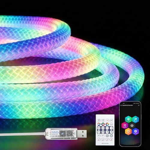 360度発光 RGBIC ledテープライト 5m 防水 間接照明 テープライト usb 5v 1600万色流れるledテープ 高輝度 調光調色 音楽連動 タイマー リモコン付き フレキシブル 編み込みロープライト 屋外/リビングルーム/寝室/キッチ 国内発送