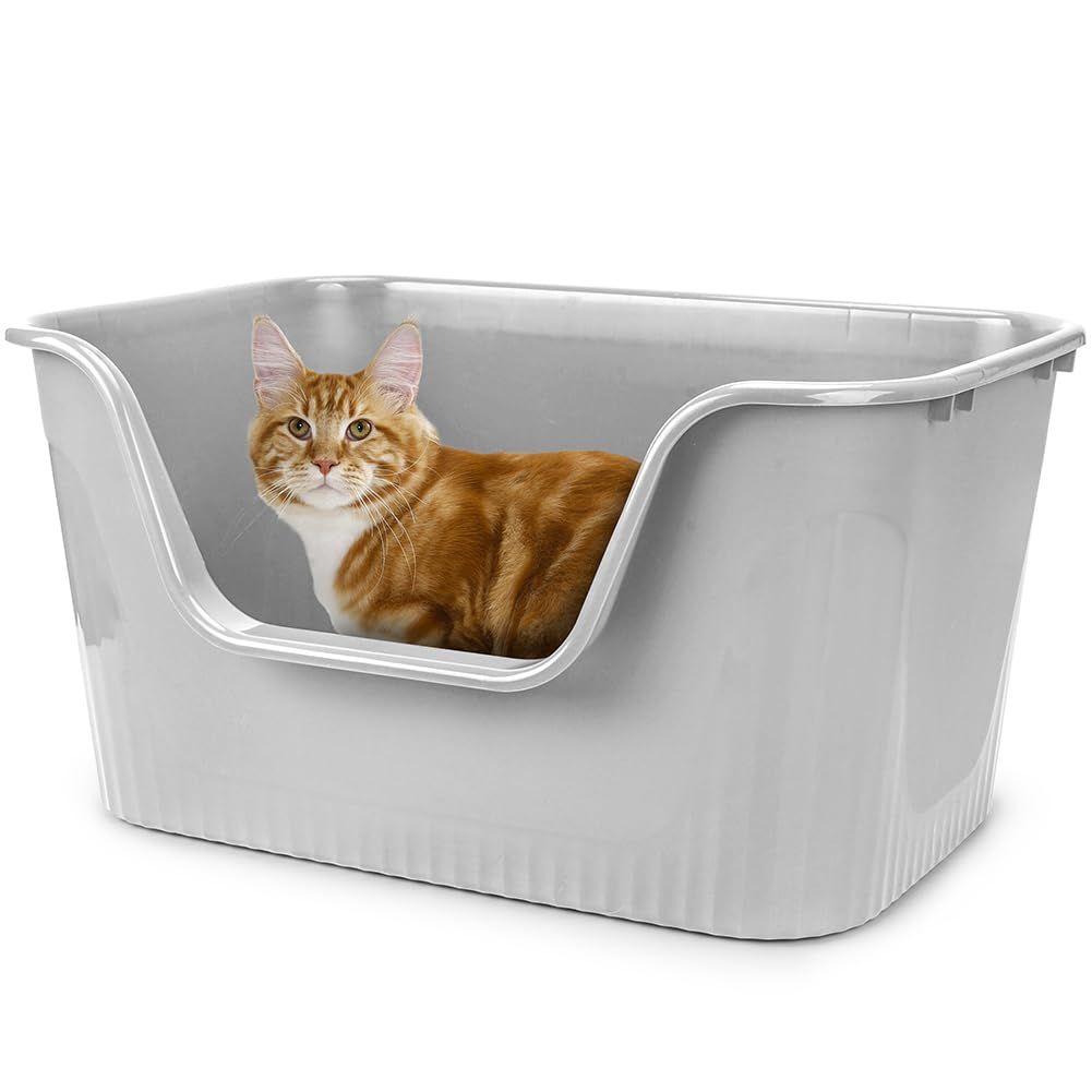 超大型猫用トイレ オープンタイプ 大きい猫 多猫 本体 簡単掃除 清潔 飛散防止 一体成形 幅64×奥45×高33cm（グレー）ｍａ