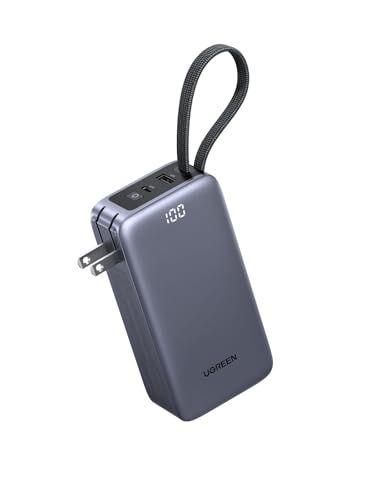 UGREEN コンセント付き 10000mAh 65W 急速充電 【3役一体】 ACプラグ+USB-Cケーブル一体型 3ポート ノートPC(MacBook)充電対応 65W 充電器 45W 折畳式プラグ デジタル表示 コンパクト PSE認証済 iPhonema