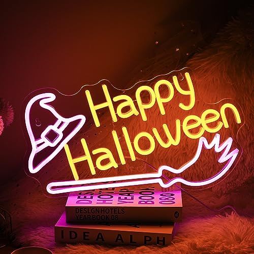 Happy Halloweenネオンサイン ハロウィンハッピーネオンロゴ 魔女帽ネオンライト 調光ほうきLed壁飾りネオン ハロウィン飾り家居 悪作劇 パーティー キッズルームデコレーションネオン管 国内発送 3e6d3af1