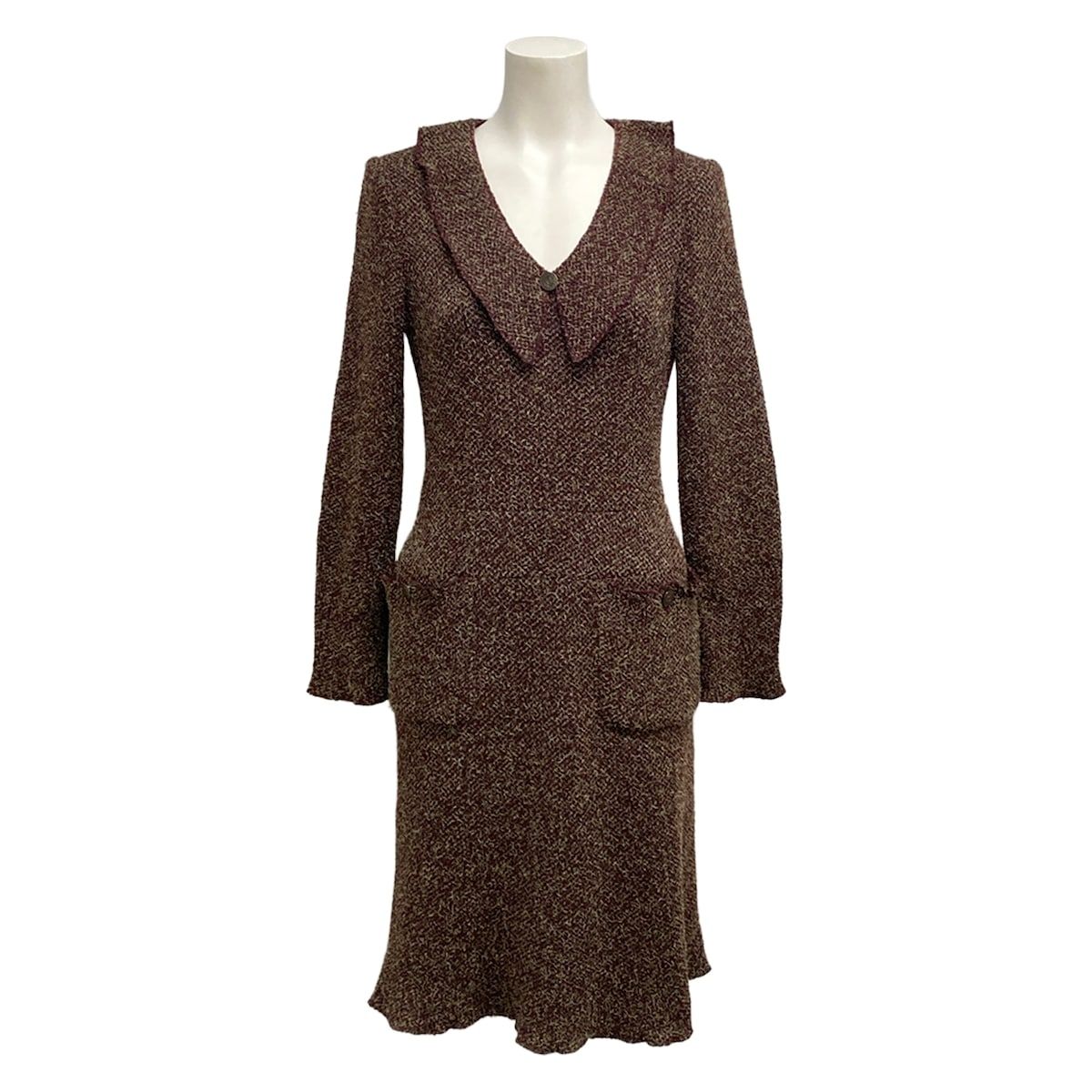 CHANEL(シャネル) ワンピース サイズ36 S レディース美品 - P09265 ボルドー×ベージュ 長袖/ひざ丈/ツイード/ニット/ココボタン ウール